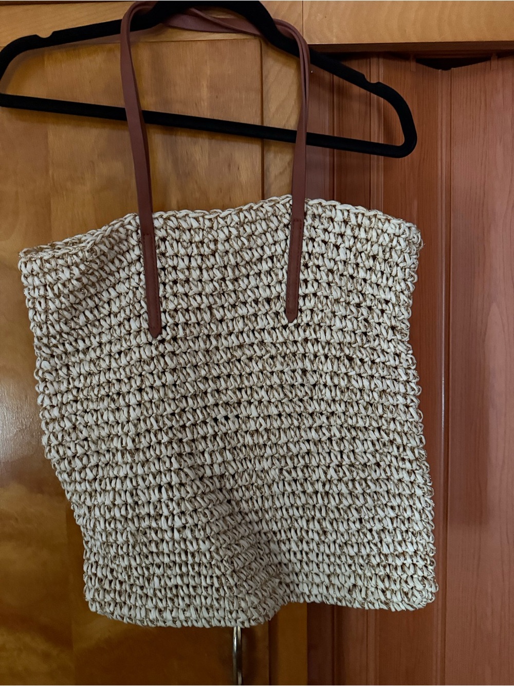 GAP Woven Straw Tote with Brown Faux-Leather Straps